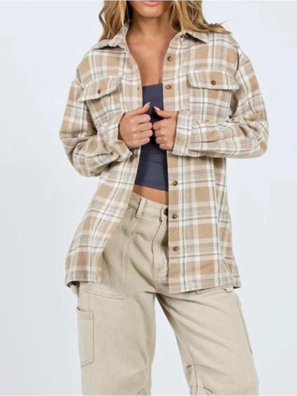 Princess Polly Tan and White Plaid Flannel